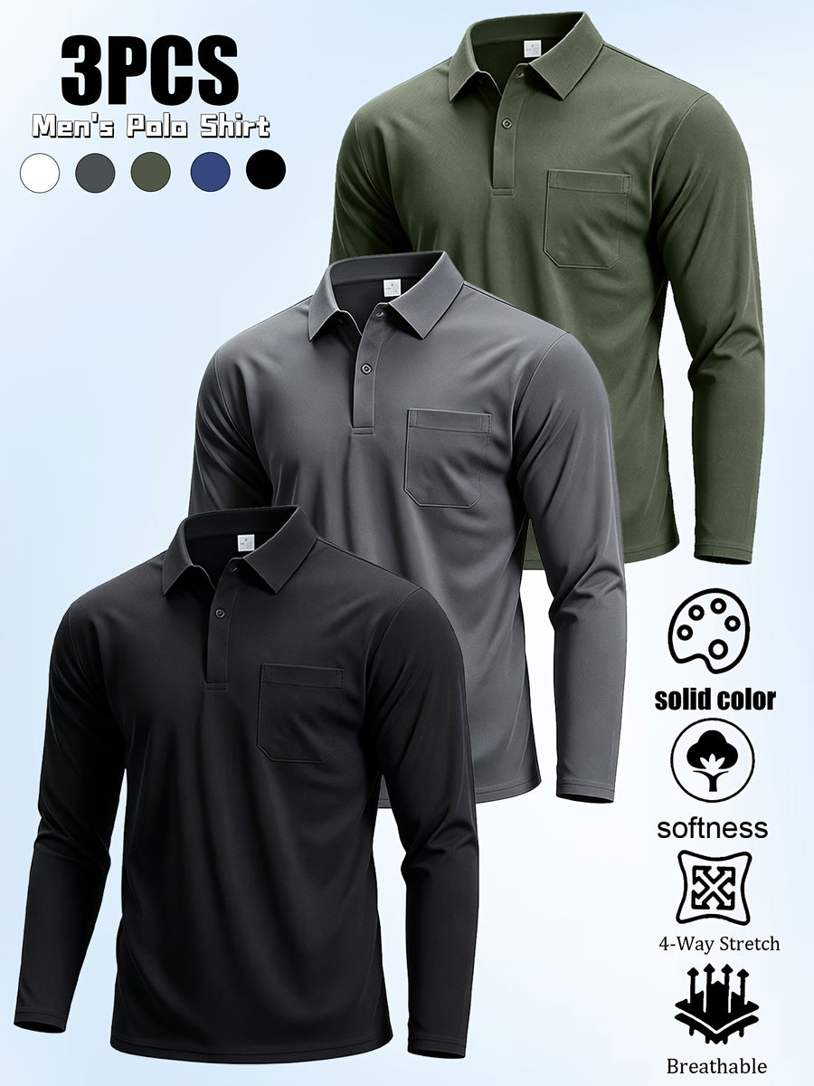3pcs Men'S Long Sleeve Polo Shirt with Chest Pocket Design, Solid Color Quick-Dry Breathable Golf Polo Shirt, Soft And Smooth, Suitable for Spring And Autumn Wear, Lightweight Daily Commuting, Outdoor Sports, Business Basic Clothing - Black+gray+green