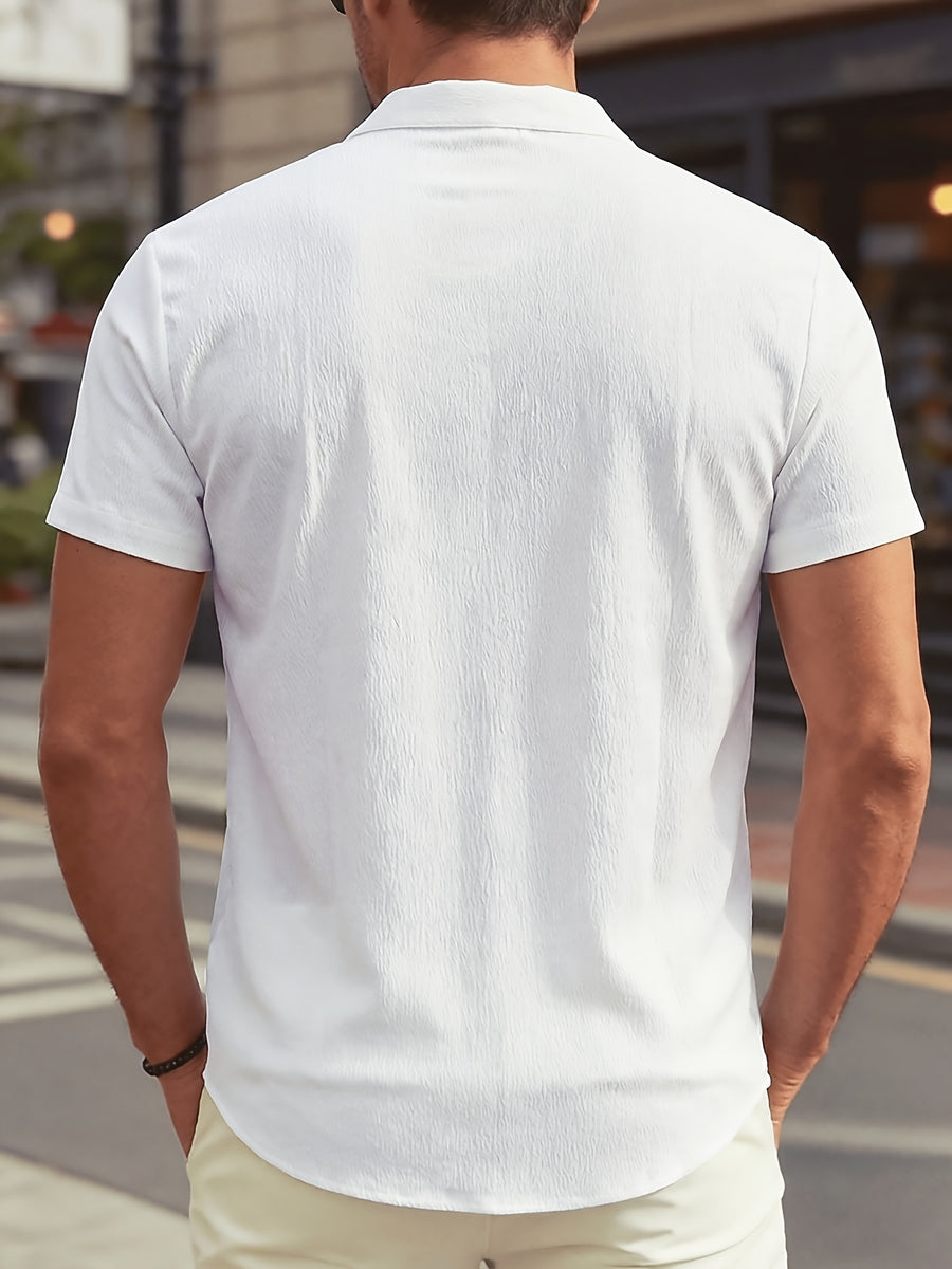 New Summer Men's Thin Stand Collar Casual Shirt, Solid Color Short Sleeve Business Fashion Button-Up Shirt for Muscular Men, Stylish Short Sleeve Design Suitable for Casual and Office Wear - White
