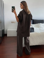Women'S Spring Autumn Elegant Casual Loose Comfortable Solid Color Shirt Top And Straight Long Pants 2pcs Set - Coffee Color