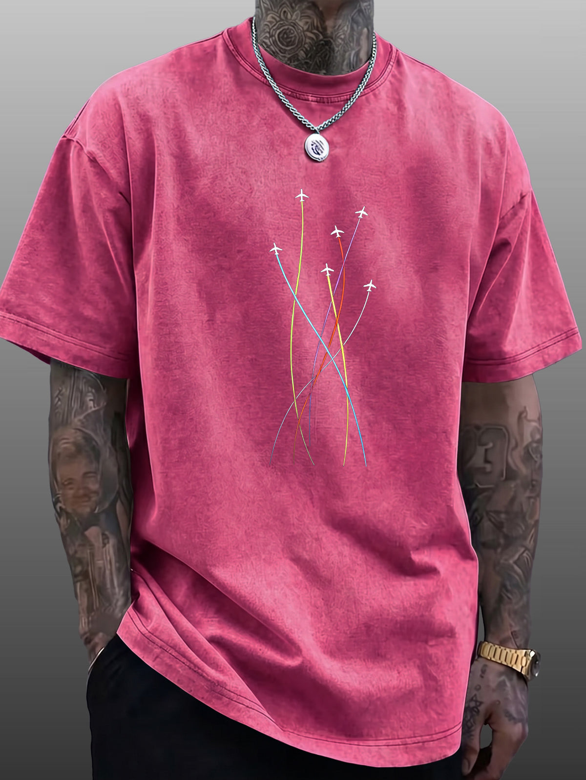 Men's Short-Sleeve T-Shirt, Pure Cotton Loose Fit Half-Sleeve Top, Washed Distressed Colorful Airplane Route Lines, Trendy Reversible Double-Sided Print, Multiple Colors for  Mix & Match, American Streetwear Hip-Hop High Street Style, for Daily - Rose Red