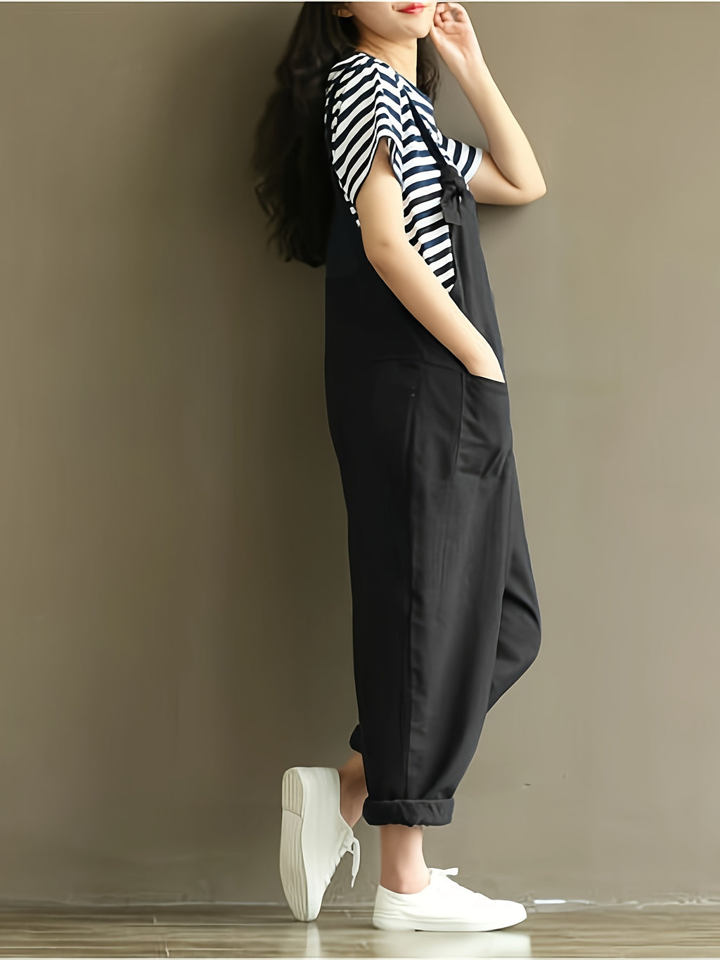 Loose Casual Back Overall Pants, European and American New Style - Black
