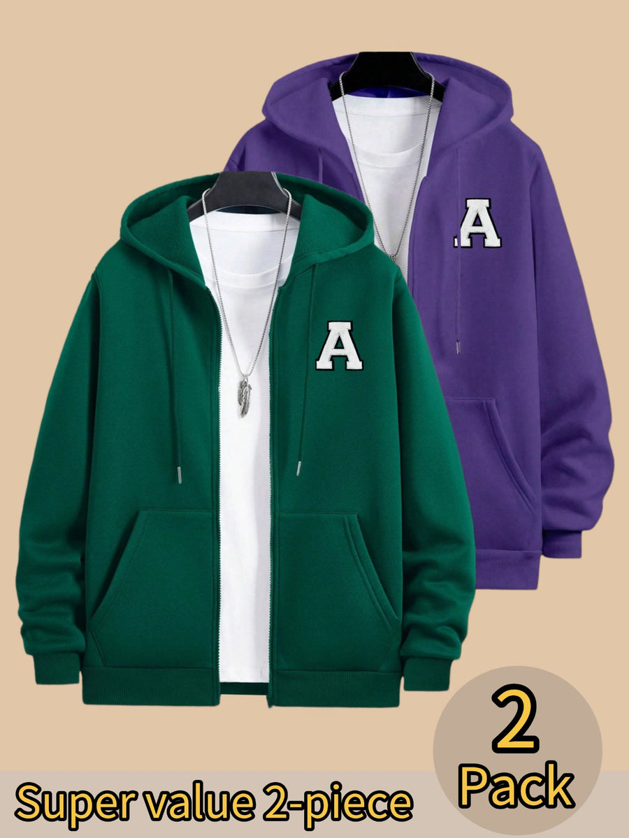 50%, 50%, 2pcs Men'S Patchwork Warm Fleece Zip-Up Hooded Sweatshirt, Men'S Clothing, Long Sleeve Fleece Jacket, Zip-Up Top, Hooded Sweatshirt, Pockets, Drawstring, Suitable for Outdoor, Casual, Back-To-School Season, Gift for Boyfriend - Dark Green+Purple