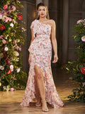 Summer Dress for Women, One-Shoulder Tie-Back Printed Vacation Dress with Ruffle Hem, Fashionable Dress - Pink