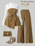 Women's Elegant 2pcs Office Set, Lapel Long-Sleeve Top with Slit Wide-Leg Pants, Business Commuter Style Outfit - Khaki