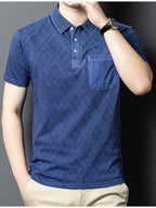 Men'S Washed Distressed Denim Style Polo Shirt, Blend Jacquard Breathable Short Sleeve Middle-Aged Dad Wear - Navy Color