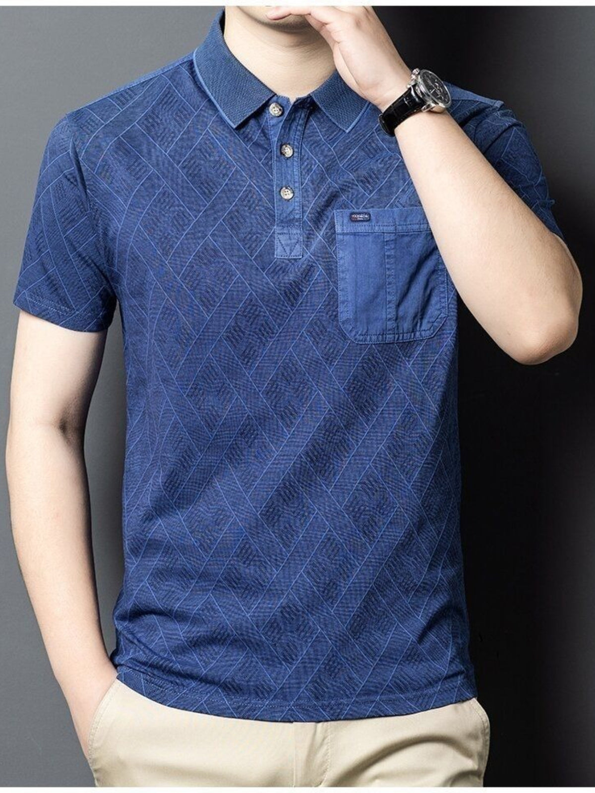 Men'S Washed Distressed Denim Style Polo Shirt, Blend Jacquard Breathable Short Sleeve Middle-Aged Dad Wear - Navy Color