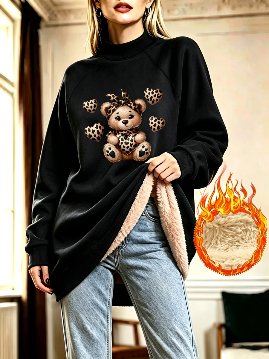 Leopard Print Bow Bear Heart Pattern Half-Neck Long Plush Fleece Sweatshirt Women'S Loose Casual Sweatshirt Dress - Black