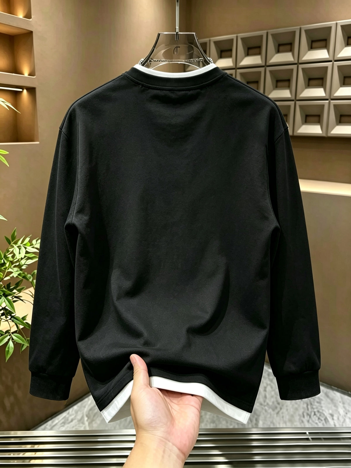 [Villa Joy Water OBM] Black Faux Two-Piece Design Men'S Long Sleeve T-Shirt, High-Quality Versatile Stylish Top, Handsome Comfortable Gentleman Fit Base Layer, Suitable for All Occasions - Black