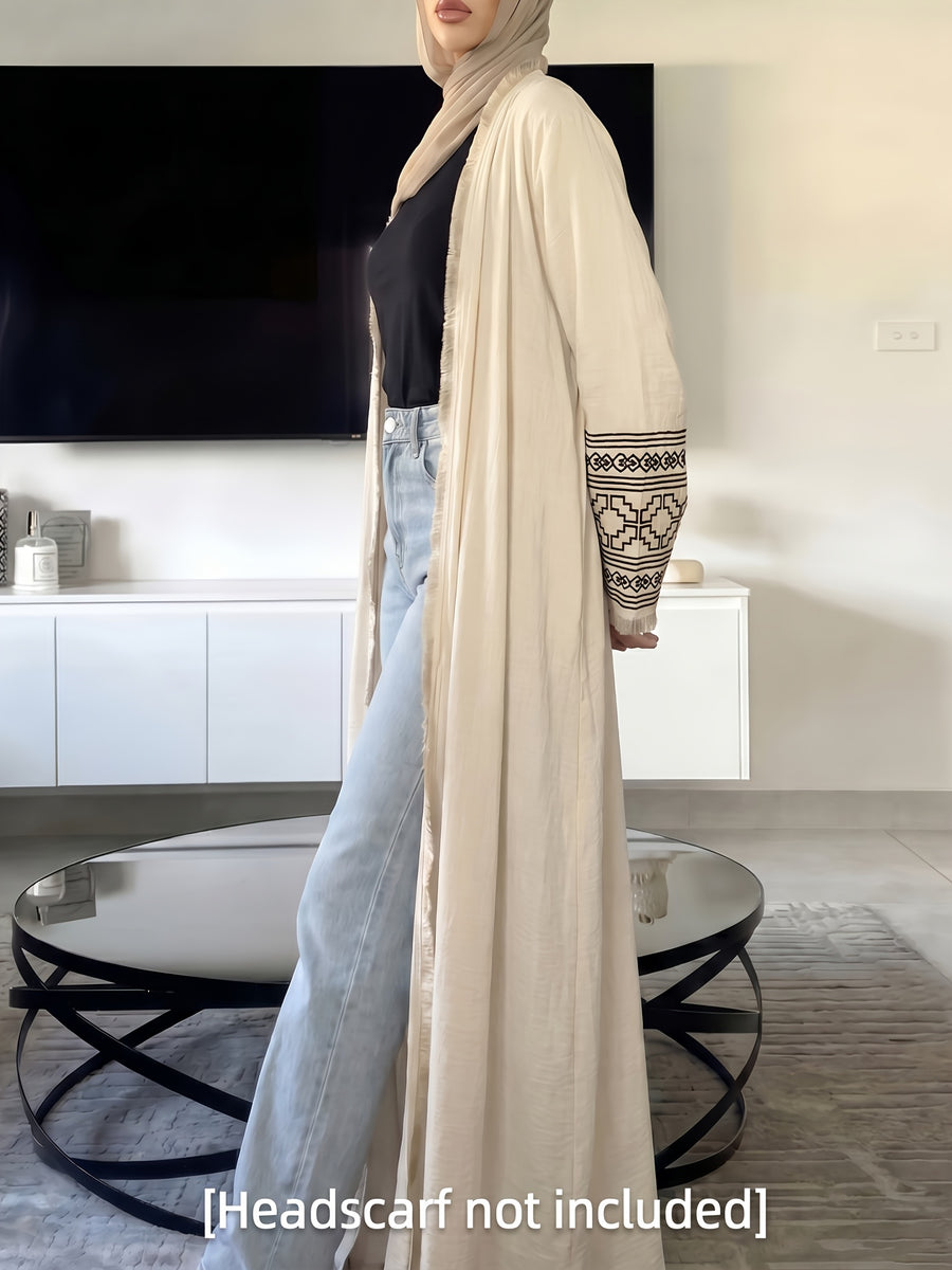 Black Long Cardigan for Women with Ethnic-Style Embroidered Cuffs, Perfect for a Casual And Relaxed Look, Suitable for Commuting, Shopping, Or Vacationing. Ideal for Eid Al-Fitr, Eid Al-Adha, Ramadan, And Other Festive Occasions - Apricot
