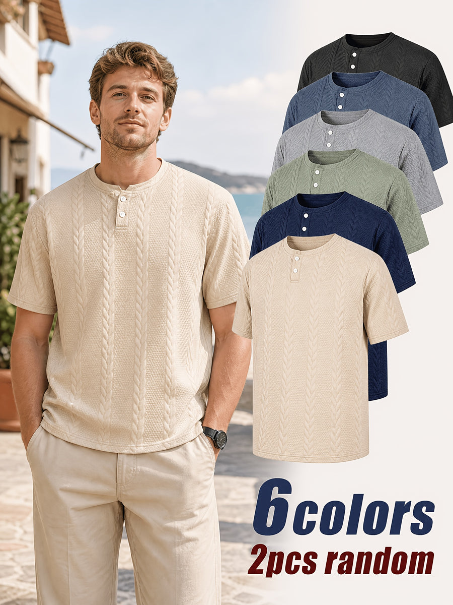2pcs Random Assortment - Men's Classic Henley Shirt with Rice Spike Jacquard Design, Men's Short-Sleeve Casual Knit T-Shirt, Suitable for Casual Outings, Colors Shipped Randomly Without Specification - Mixed colors