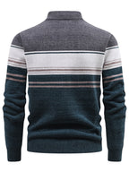 Autumn And Winter Men'S Half-Zip Stand-Up Collar Sweater, Fleece-Lined And Thickened, Letter Pattern, Contrasting Color Stripes, Business Casual Knit Pullover Shirt, Men'S Warm Top, Suitable for Daily Commuting And Outdoor Activities - Grey