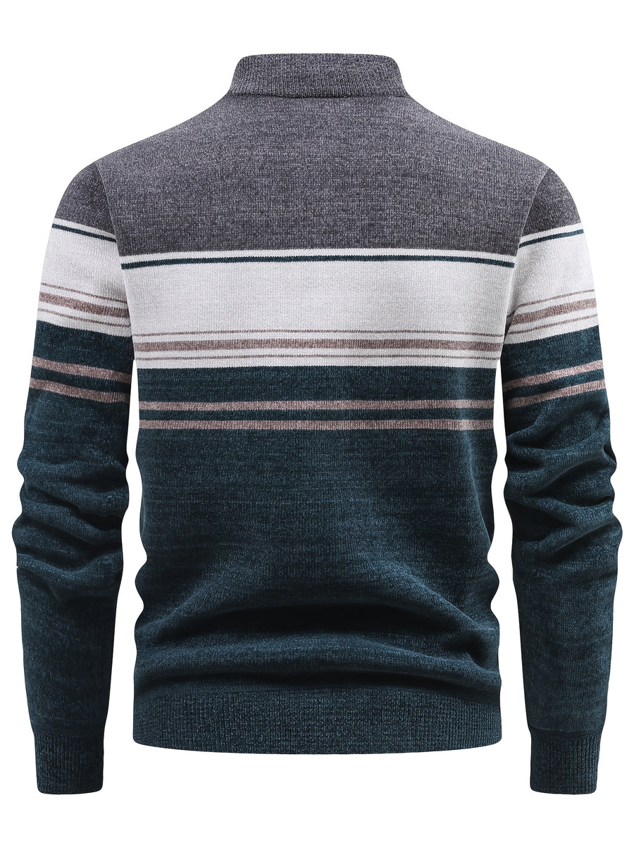 Autumn And Winter Men'S Half-Zip Stand-Up Collar Sweater, Fleece-Lined And Thickened, Letter Pattern, Contrasting Color Stripes, Business Casual Knit Pullover Shirt, Men'S Warm Top, Suitable for Daily Commuting And Outdoor Activities - Grey