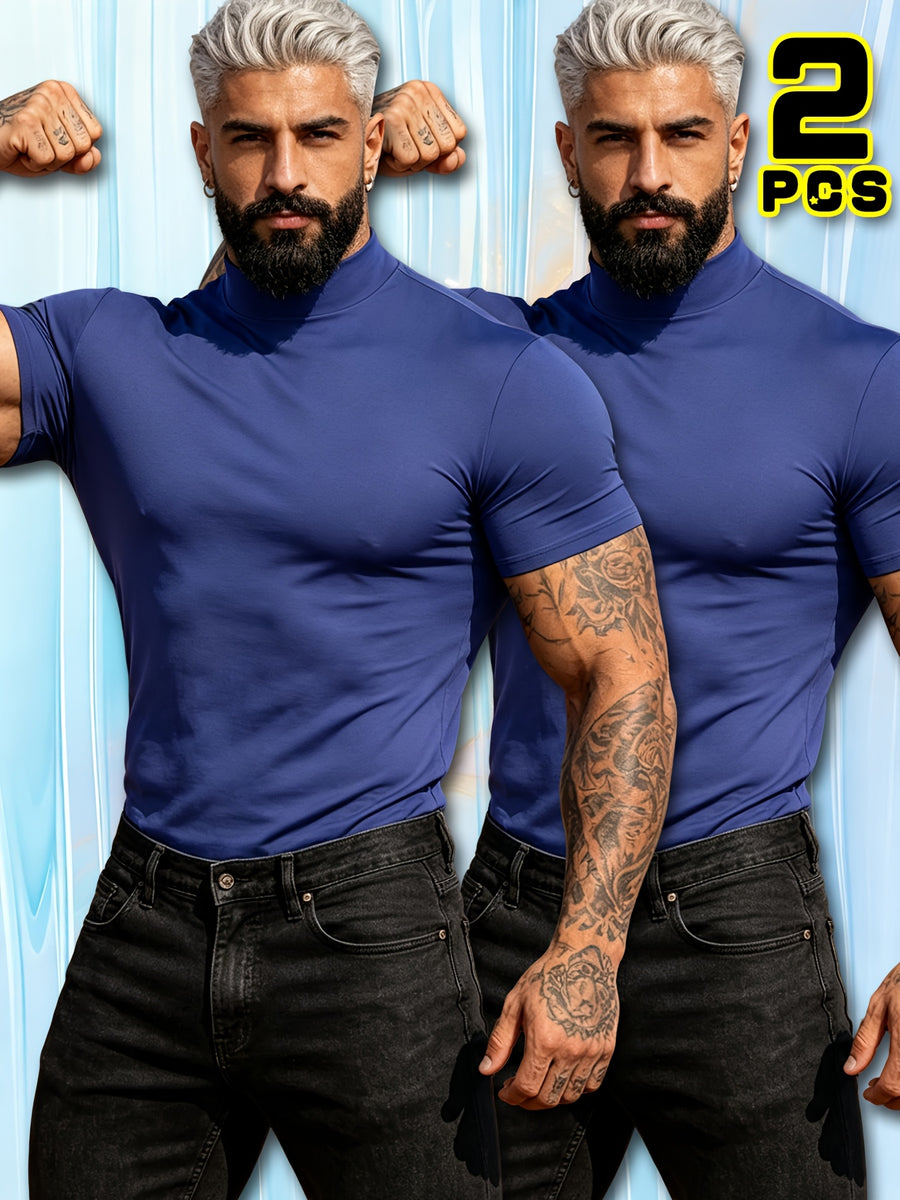 Summer Breathable Solid Color Half-Neck Short Sleeve 2pcs Set Men'S Shaping Slimming High-Elastic Fabric Light Luxury Fashion Fitness Sports Daily Wear Easy Premium Feel Versatile Base Top - Blue