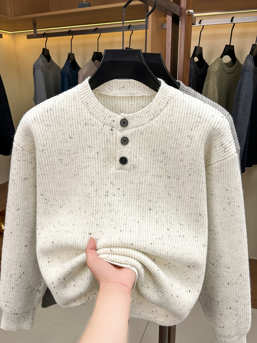 Du Jing Lan OBM Spring/Autumn New Arrival Men's Knit Pullover, Old Money Style Contrast Color Half-Open Placket Crew Neck Long Sleeve Knit Pullover, Men's Business Casual Fashion Ribbed Sweater, Suitable for Layering or Wearing as an Inner Layer - White
