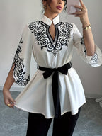 Ladies' Elegant Printed Mid-length Loose Belted Shirt - White