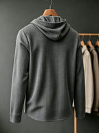 [Villa Le Water OBM] BOWZ Men'S Fashion Hoodie, Small Checkered Jacquard Texture Hooded Sweatshirt, Long Sleeve Henley Half-Button Placket with Black Drawstring Hood, Personalized Patchwork Hem, Slightly Loose Curved Hem Fit - Dark Gray