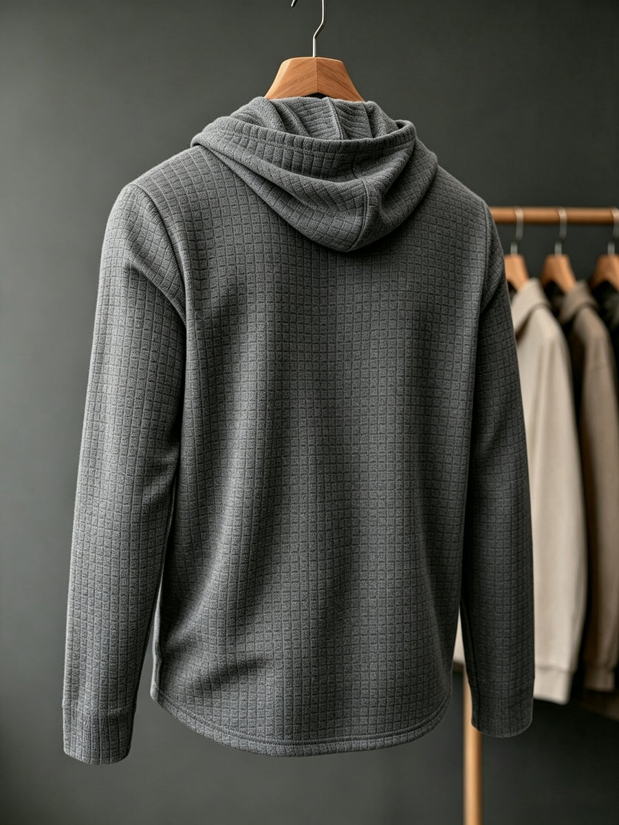 [Villa Le Water OBM] BOWZ Men'S Fashion Hoodie, Small Checkered Jacquard Texture Hooded Sweatshirt, Long Sleeve Henley Half-Button Placket with Black Drawstring Hood, Personalized Patchwork Hem, Slightly Loose Curved Hem Fit - Dark Gray