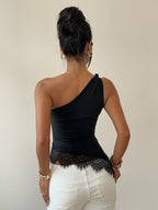 Black One-Shoulder Slant Collar Lace Hem Vest ZLLZ - Black