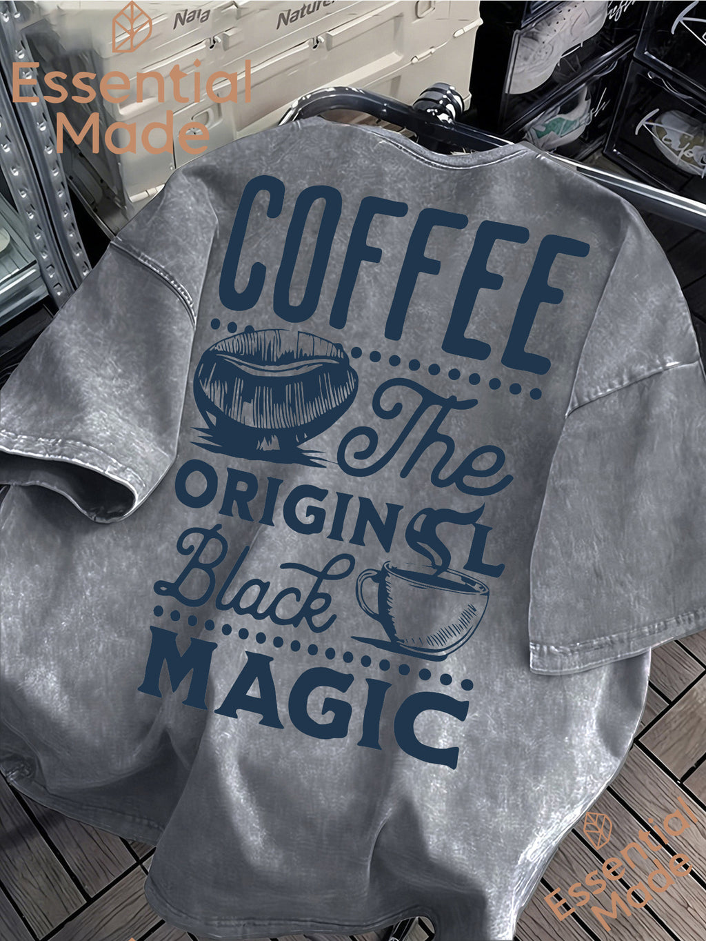 American High Street COFFEE Coffee Bean Cafe Themed Letter Print Distressed Washed Short-Sleeve T-Shirt - Loose Fit Casual American Vintage Style Men's Washed T-Shirt Casual Top - Light Grey