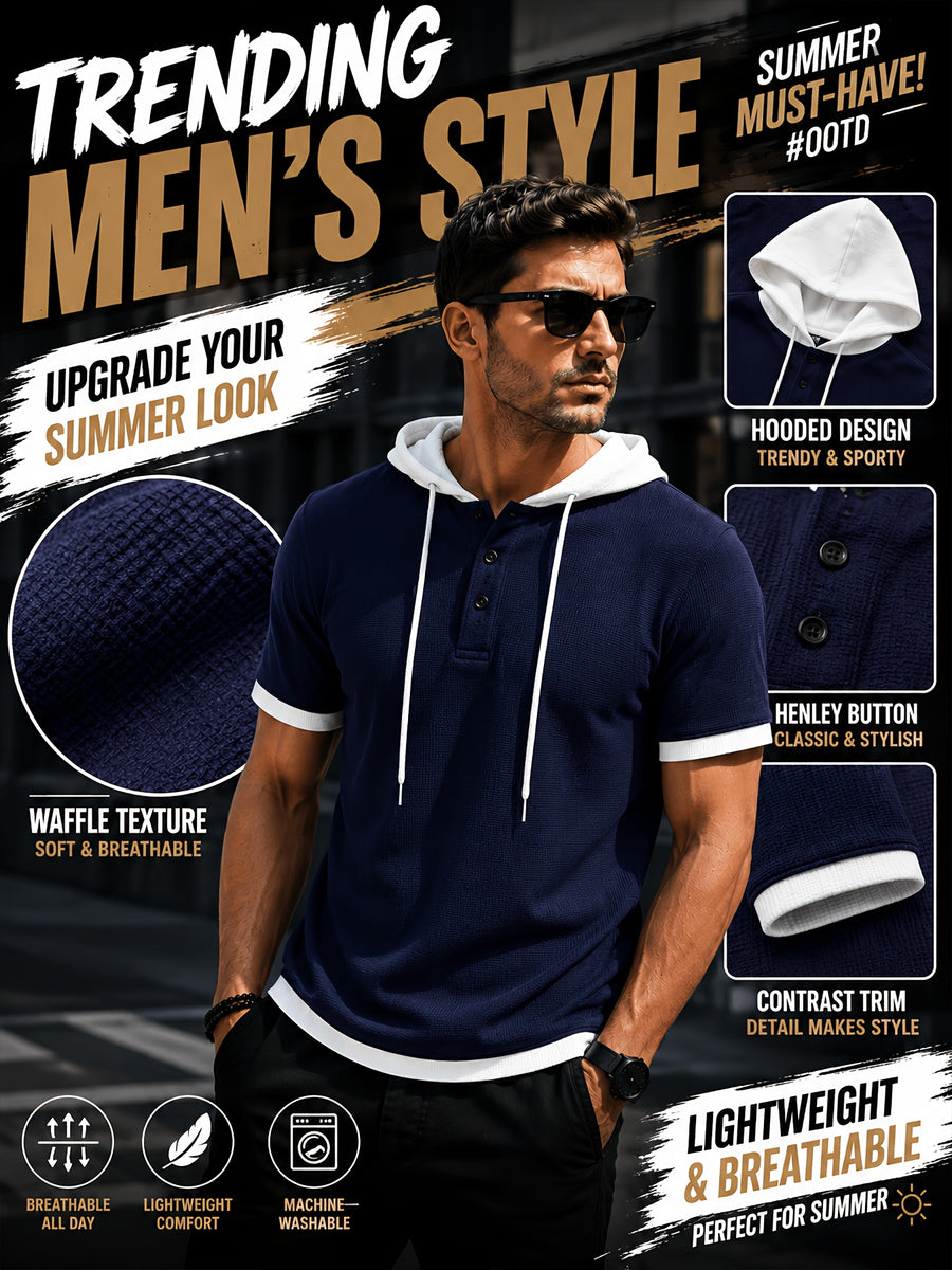 [Qiaoximei Obm] Summer Men'S High-Quality Waffle-Gore Hooded Short Sleeve T-Shirt - Individual Fashion Statement with Special Design Texture Fabric, Adjustable Drawstring And Buttons, Suitable for Gym Fitness Wear - Navy Color