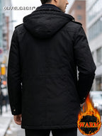 Men's Hooded Shoulder-Patch -Lined Mid-Length Workwear Parka Jacket, Winter Thickened Multi-Pocket Warm Padded Coat, Temperature-Locking, Cold-Resistant, Wear-Resistant, Wrinkle-Resistant, Structured and Stylish, Not Easily Deformed, Easy to Care - Black