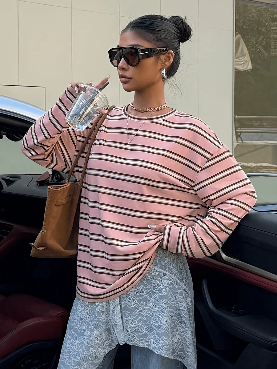 Vintage Brown/White/Blue Striped Oversized T-Shirt - Loose Fit Drop Shoulder Long Sleeve Top Suitable for Slightly Fuller Figures, Machine Washable Layering Piece for Fall Winter Wardrobe, Pilling & Fade Resistant Style - Mixed Color 5