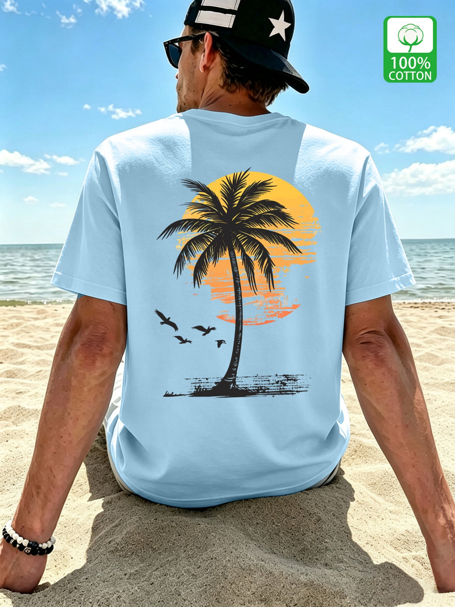 Men's New Style Pure Cotton Short Sleeve Crew Neck T-Shirt with Palm Tree Sunset Print, Suitable for Vacation, Daily Casual Wear, Comfortable, Soft, Breathable, Summer Essential - Light Blue Color