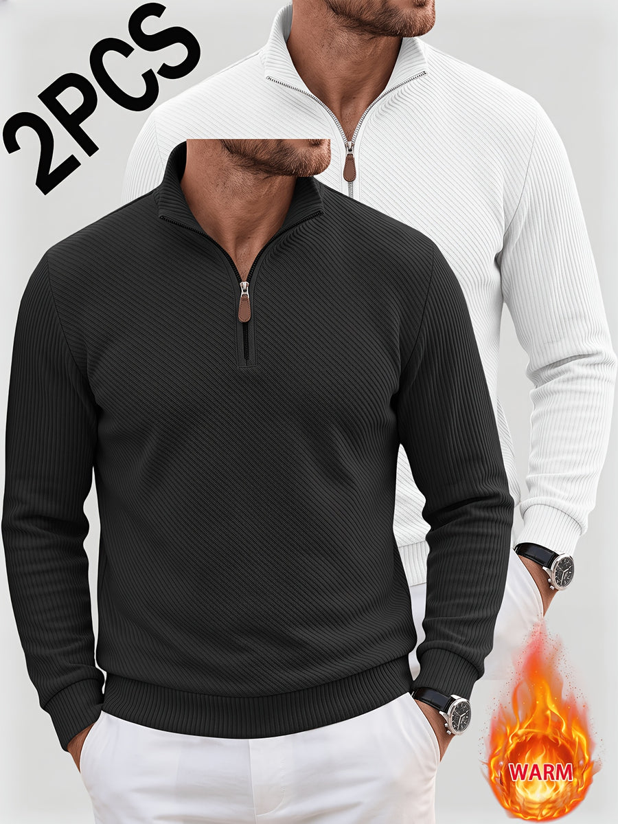 2pcs Men'S Autumn Winter New Corduroy Textured Half-Zip Stand Collar Knit Sweater Set, Light Luxury Long Sleeve Elastic Ribbed Base Layer Business Casual Inner Outerwear; Daily Commute, Home Entertaining, Camping Dating Scenarios - Black+White