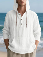 Men'S Casual Linen Hoodie Shirt, Long Sleeve Henley Top with Button Placket, Hooded Design And Comfortable Loose Fit, Made from Lightweight Breathable Linen Material, Perfect for Beach Trips, Tropical Holidays, Cruise Travel, And Summer Daily Wear - White