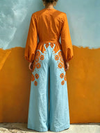 Elegant Casual Color-Block V-Neck Floral Print Jumpsuit with Lantern Sleeves, High Waist, Wide Leg, and Flowy Holiday Style - Mixed colors