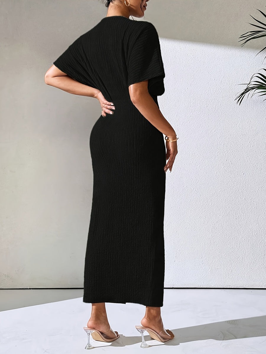 YY0514056 Textured Short Sleeve Batwing Maxi Dress, V-Neck Ruched Elegant Long Gown - Black