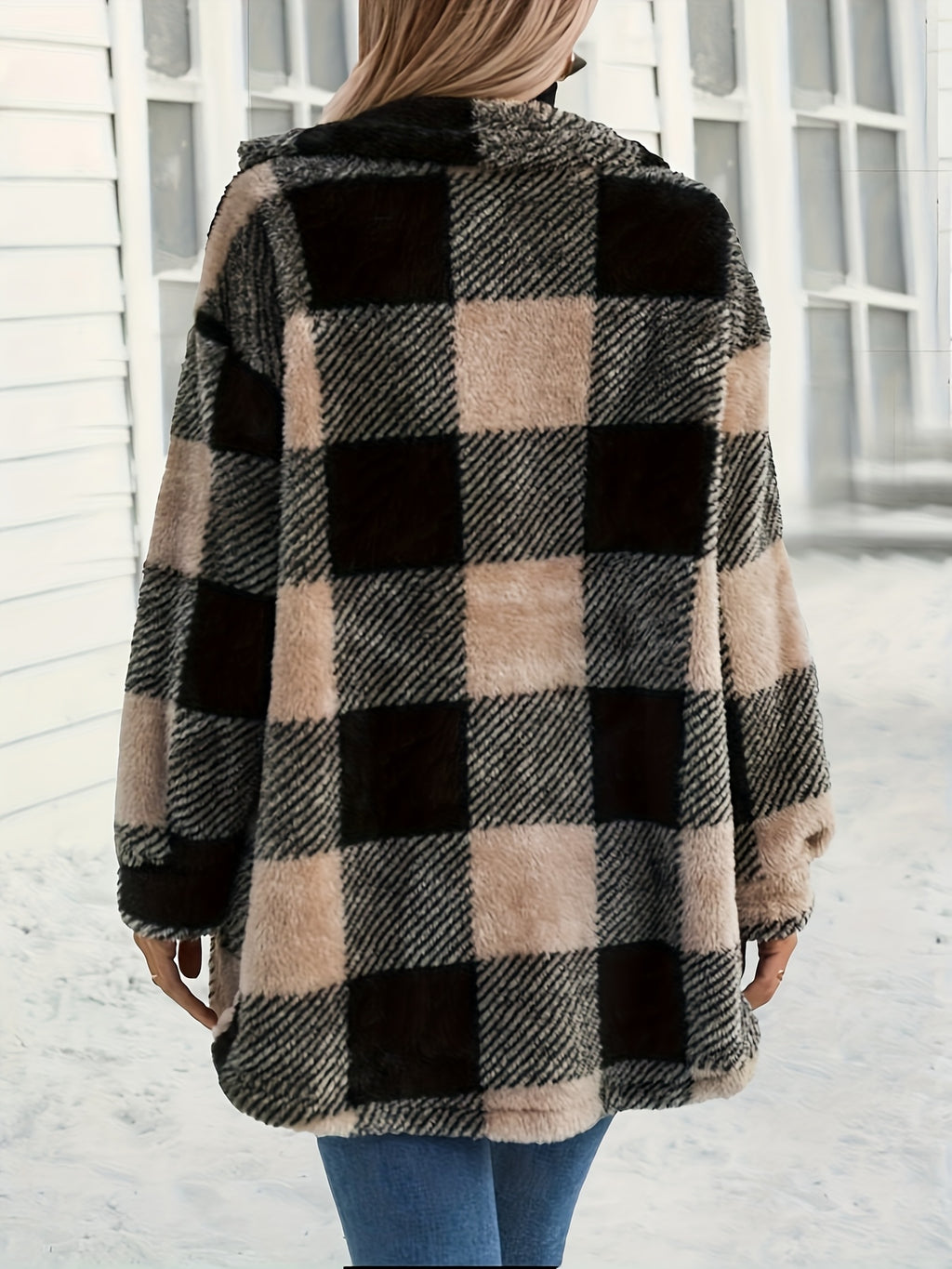 Women'S Plush Loose Mid-Length Open Front Cardigan Coat - Sepia