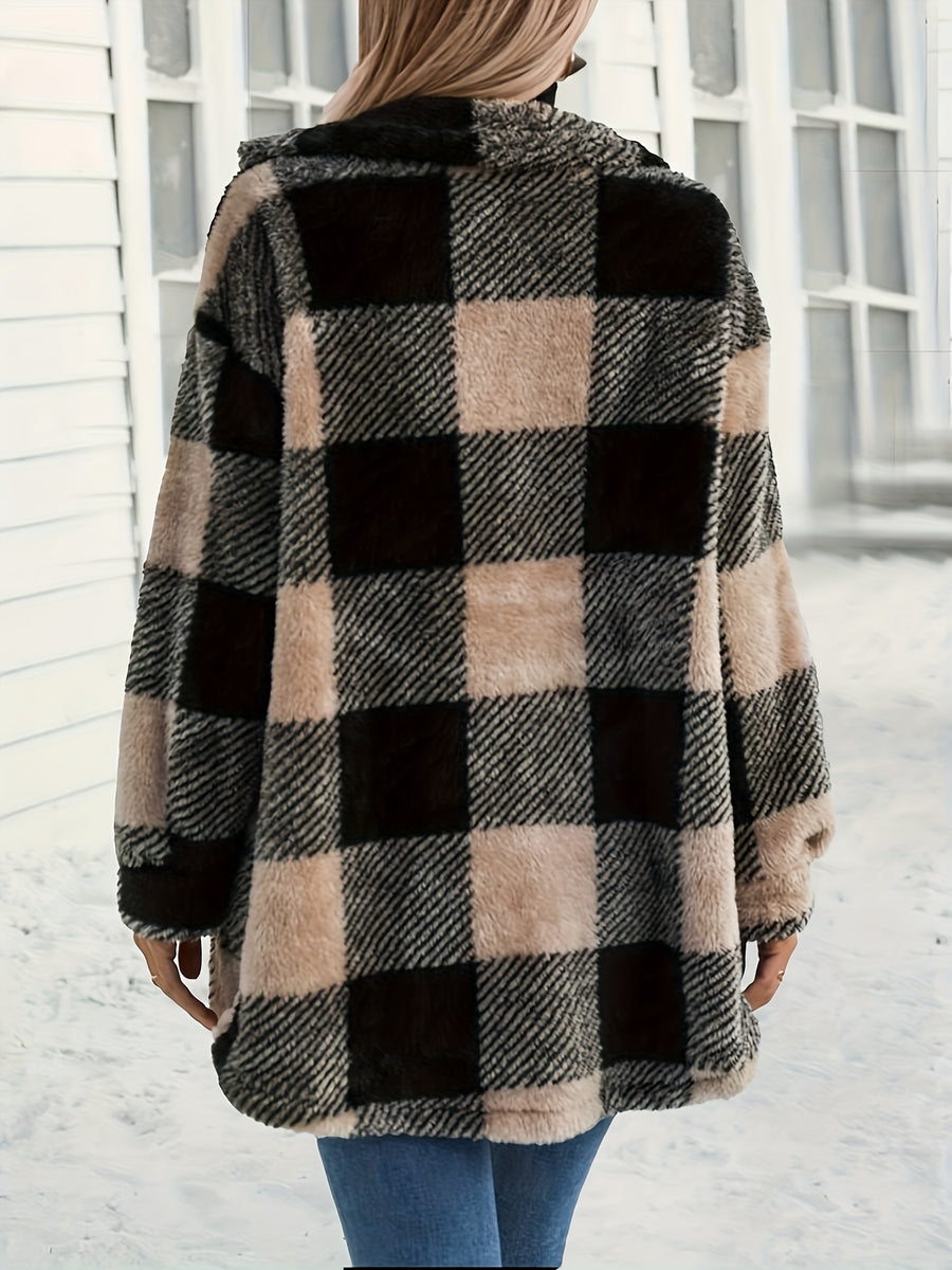 Women'S Plush Loose Mid-Length Open Front Cardigan Coat - Sepia