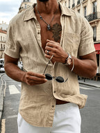 Men'S 4pcs Linen Blend Short Sleeve Shirt Set, Casual Lapel Open Cardigan Top, Lightweight Breathable Summer Shirt, with Pocket Loose Fit, Suitable for Daily And Vacation Wear - White+Black+Card+Tibetan