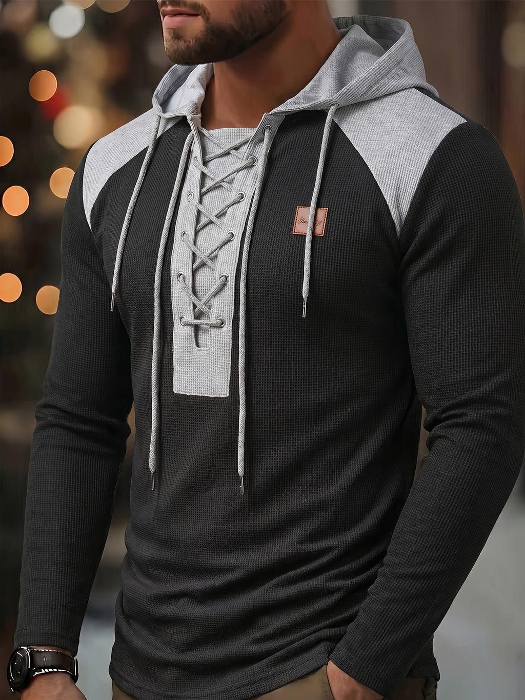 ROYALBOY Autumn New Style Individual Contrast Waffle Grid Patchwork Drawstring Hooded Long Sleeve Casual Versatile Fashion Leisure Suitable for Gatherings Parties Machine Washable Non-Dry - Black