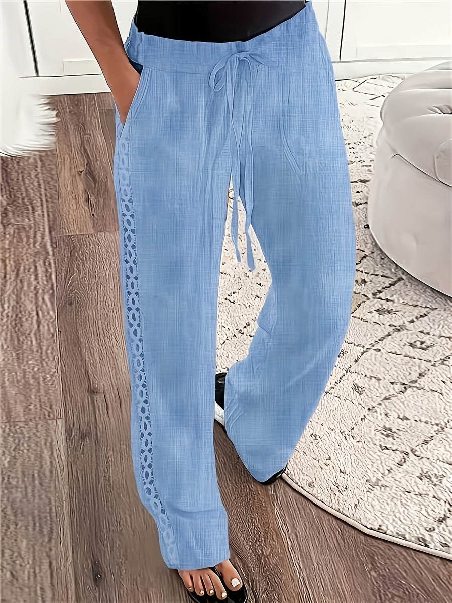 Spring-Summer Solid Color Fashion Casual Side Seam Lace Pants - Light Blue