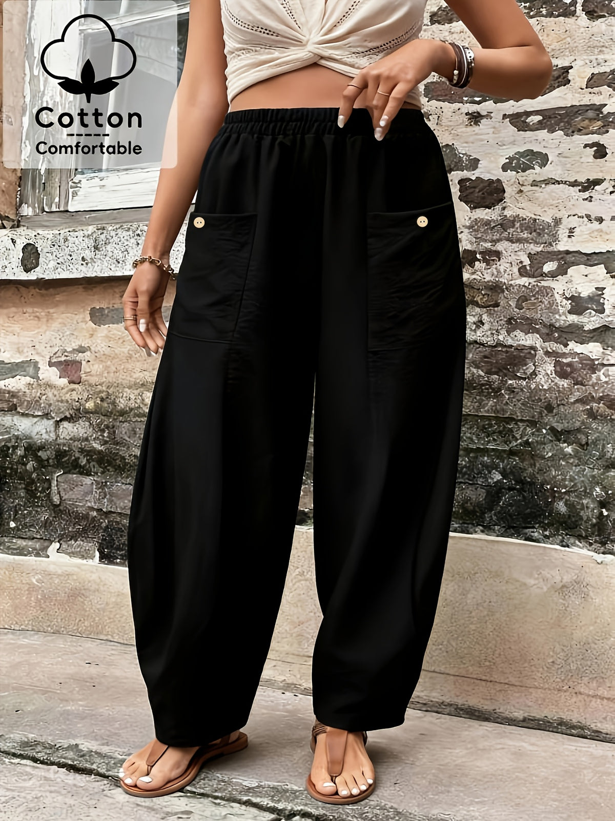 Plus Size, Plus Size Stylish Women's Solid Color Casual Pants, Elastic High Waist with Pockets, Loose Wide-Leg Trousers, Versatile Pants for Commuting and Vacation - Black