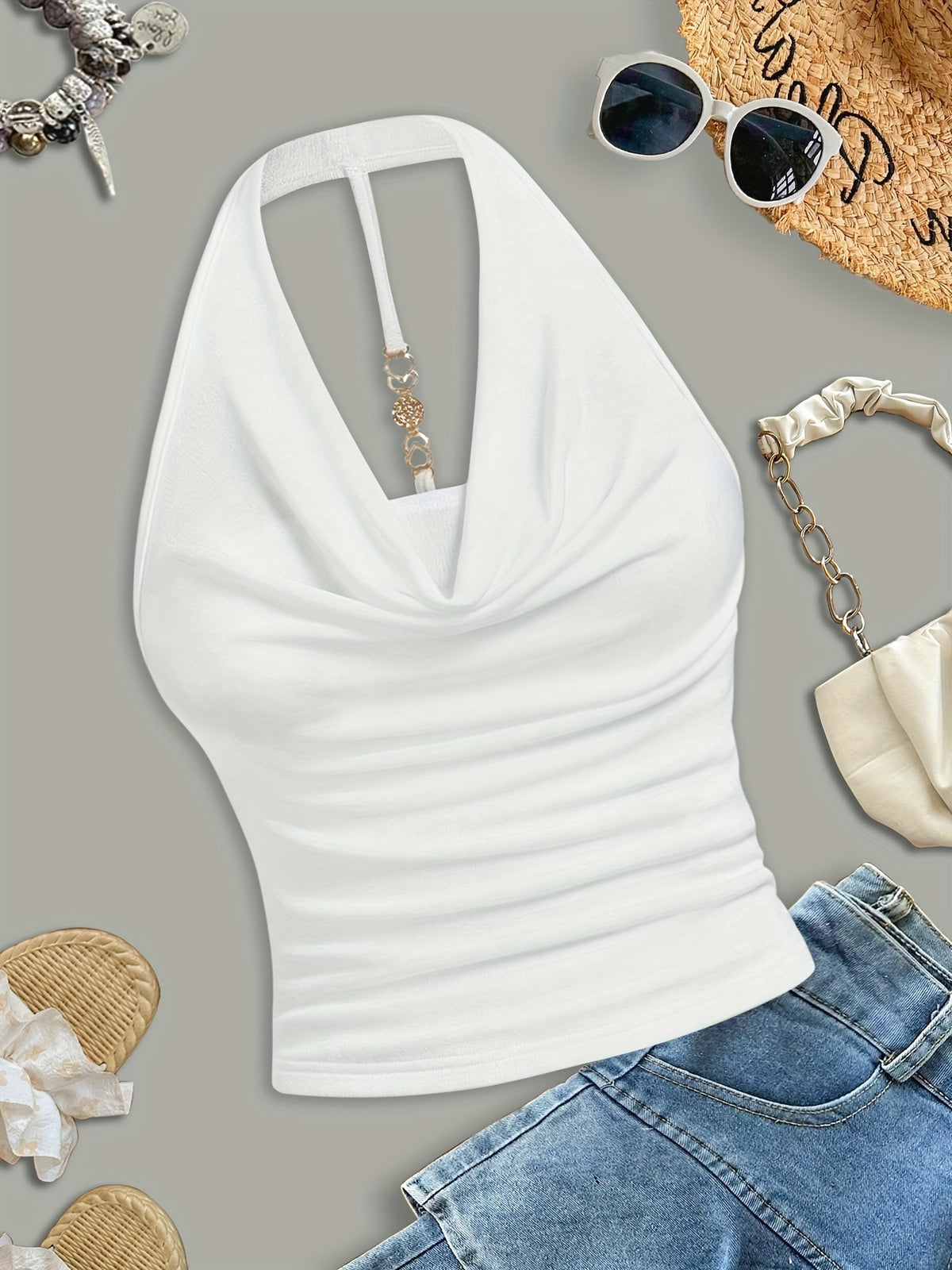White Halter Neck Strapless Tank Top, Women's Solid Color Sexy Sleeveless Outerwear Top - White