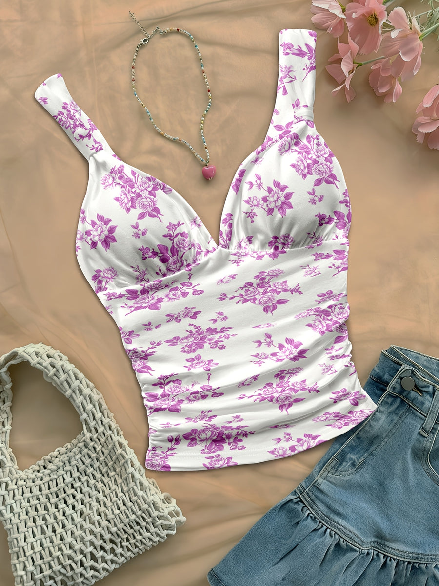 Women's Spring/summer New Hot Beach Tropical Vacation Outfits Casual Floral Slim Fit Bustier Halter Top - Violet