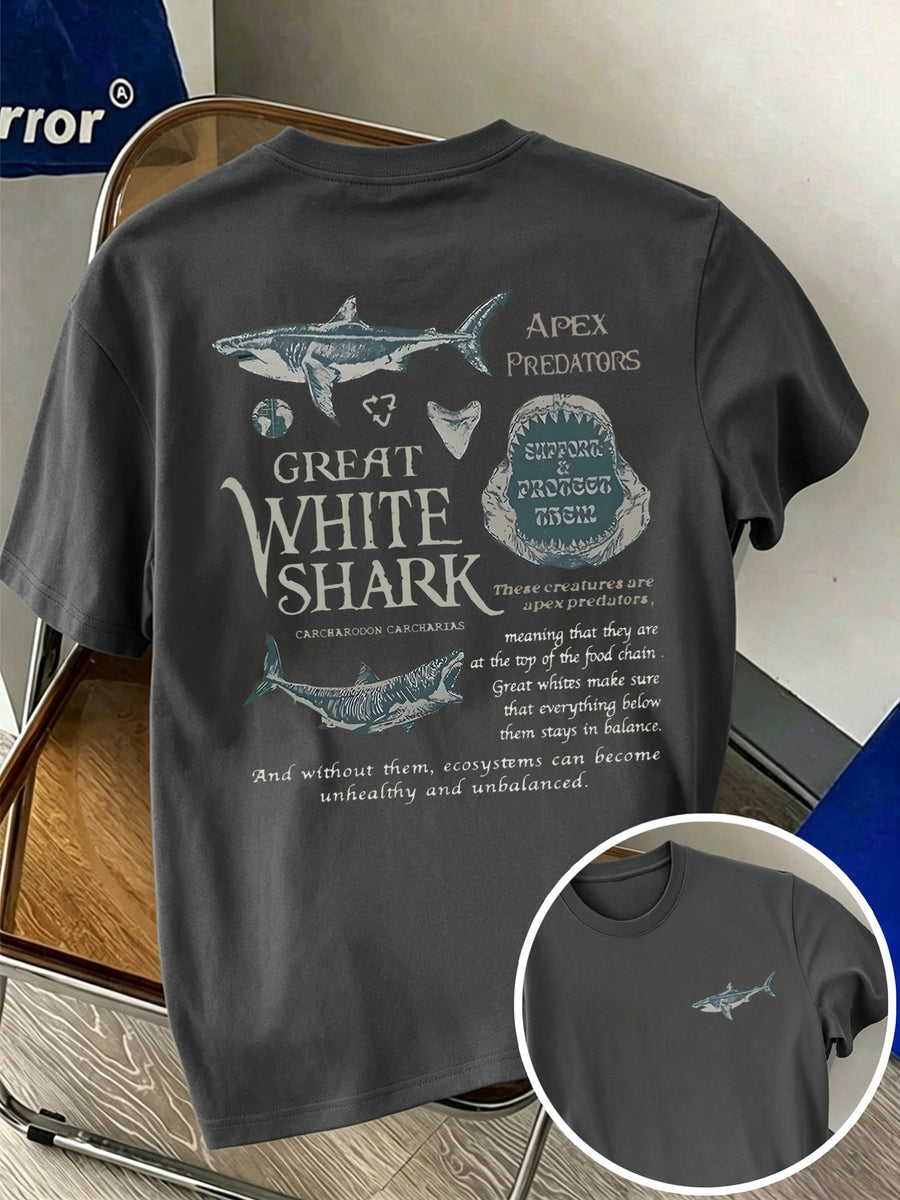 New Men's 100% Pure Cotton T-Shirt with Shark Print, Comfortable and Breathable, Versatile for Summer Casual Wear - Dark Gray