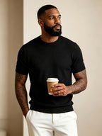 Men'S Easy Casual Short-Sleeve Knit Top, Made of Pure with Fine Mesh Texture, Skin-Friendly And Breathable, Relaxed Casual Style, Classic Versatile Design with Exquisite Details, Solid Color for a Warm And Easy Look - Black