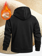 ICON Pattern Print, Men's Thickened -lined Zip-up Hooded Jacket, Versatile Warm -lined Outerwear for Daily Home and Outing Wear - Black