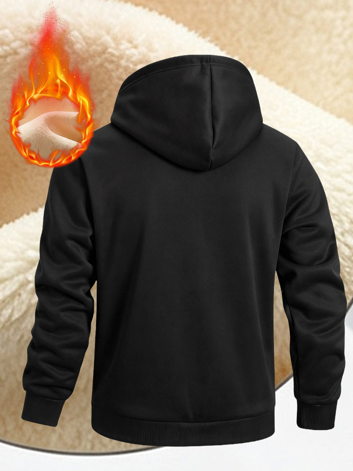 ICON Pattern Print, Men's Thickened -lined Zip-up Hooded Jacket, Versatile Warm -lined Outerwear for Daily Home and Outing Wear - Black