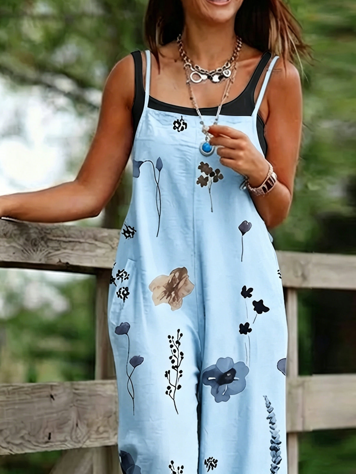 Ink Wash Floral Summer Loose Fit Wide-Leg Long Pants, Artistic Casual Versatile Women's Jumpsuit E0213 - Sky Blue