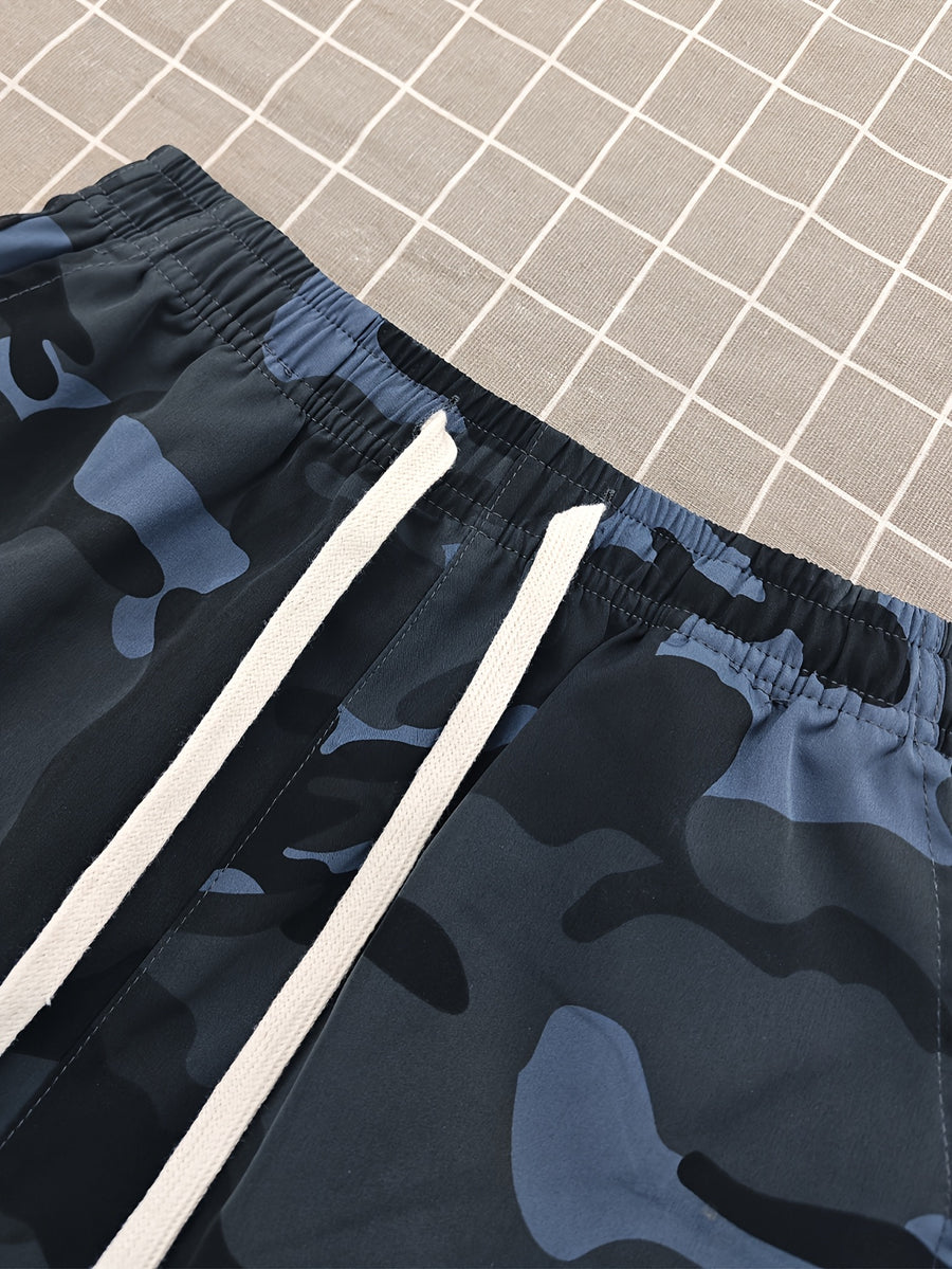 Trendy Fashion Camouflage Cargo Bermuda Shorts for Women, Lightweight And Breathable, Elastic Waist with Adjustable Drawstring, Suitable for Casual Wear, Outdoor, Fitness, Outings, Dates, And Various Places - Camouflage Blue