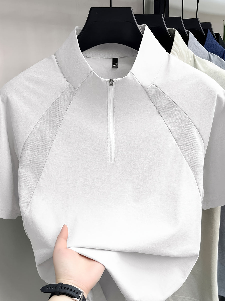 Men's Half-Zip Henley Polo Shirt Short-Sleeve T-Shirt - Summer Zip-Front Collar, Asymmetric Hem & Patchwork Suitable for Outdoor Sports, Casual Wear, Work, Machine Washable Solid Color Stand Collar Shirt - White