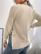 Women's Slim Fit High Elasticity Long-Sleeve Top. Details: Slit Hem Bow Design Knitted - Ribbed Crew Neck Elegant Women's Wear for Autumn/Winter, Casual Everyday Semi-Formal Mustard Yellow Machine-Washable 100% Solid Versatile Base Layer Shirt - Apricot