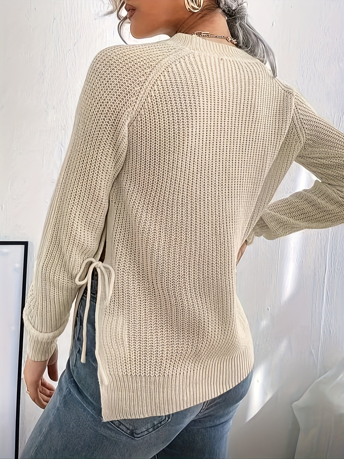 Women's Slim Fit High Elasticity Long-Sleeve Top. Details: Slit Hem Bow Design Knitted - Ribbed Crew Neck Elegant Women's Wear for Autumn/Winter, Casual Everyday Semi-Formal Mustard Yellow Machine-Washable 100% Solid Versatile Base Layer Shirt - Apricot