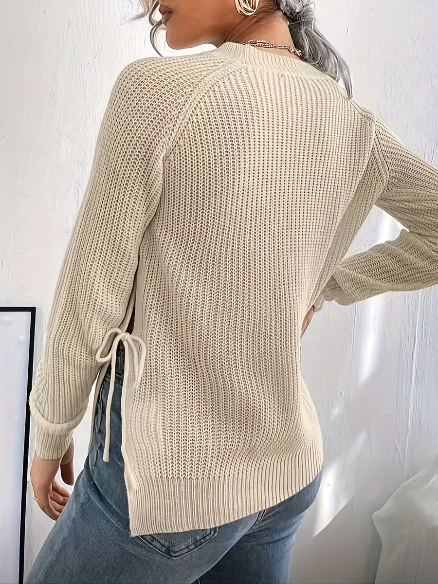 Women's Slim Fit High Elasticity Long-Sleeve Top. Details: Slit Hem Bow Design Knitted - Ribbed Crew Neck Elegant Women's Wear for Autumn/Winter, Casual Everyday Semi-Formal Mustard Yellow Machine-Washable 100% Solid Versatile Base Layer Shirt - Apricot