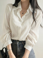 Solid Color Shirt Women'S French Long Sleeve Blouse Jacket Autumn Winter Thin Women'S Clothing Design-Oriented Shirt Top - White